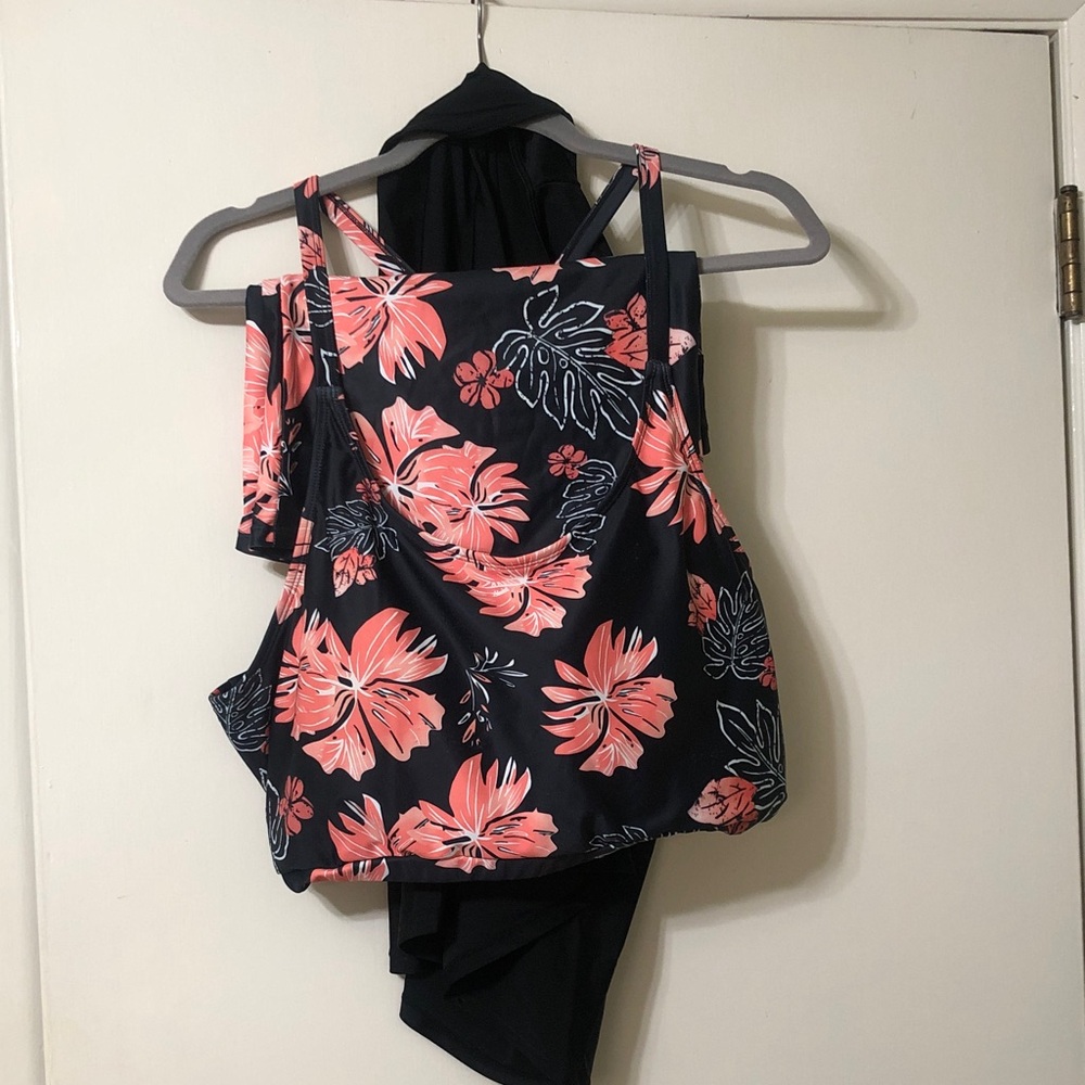 Women’s Navy Tankini Top with Coral Floral Print